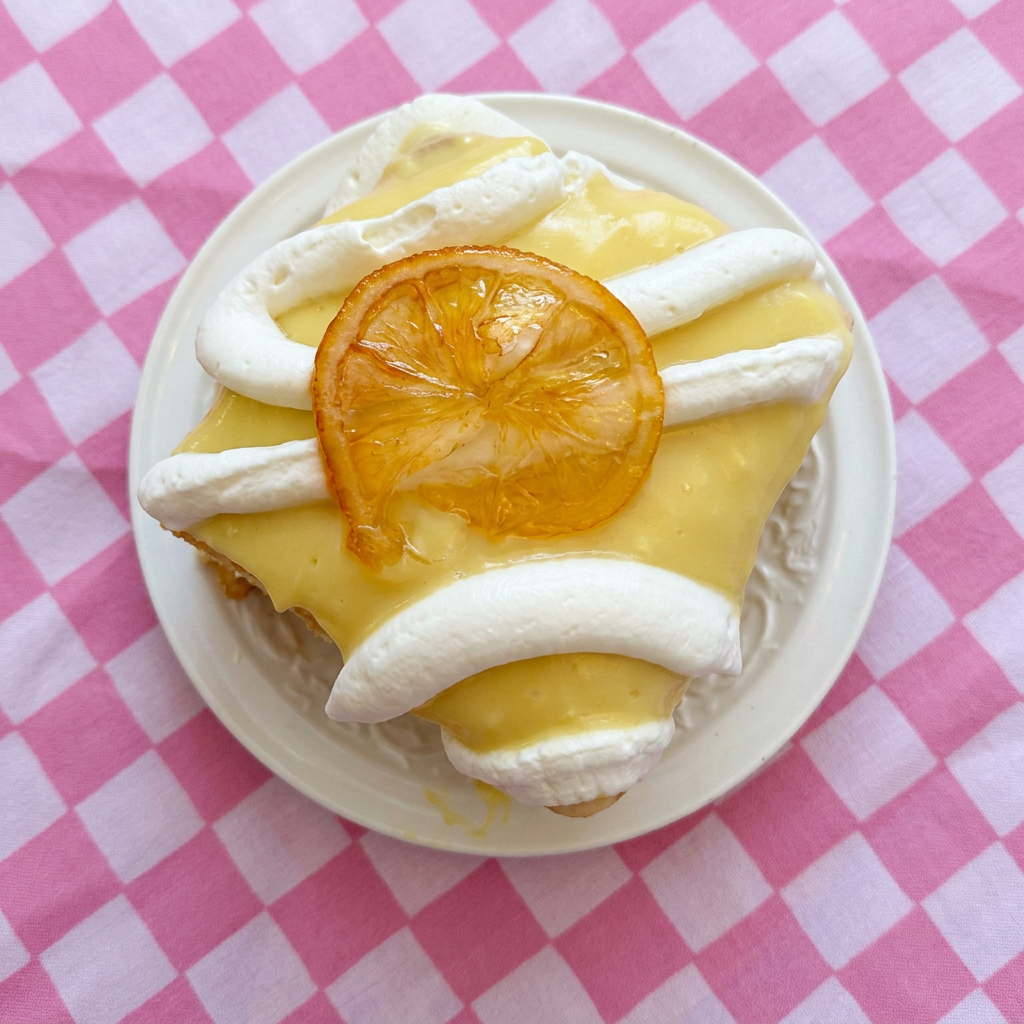 Polished overhead Lemon Pudding Cake