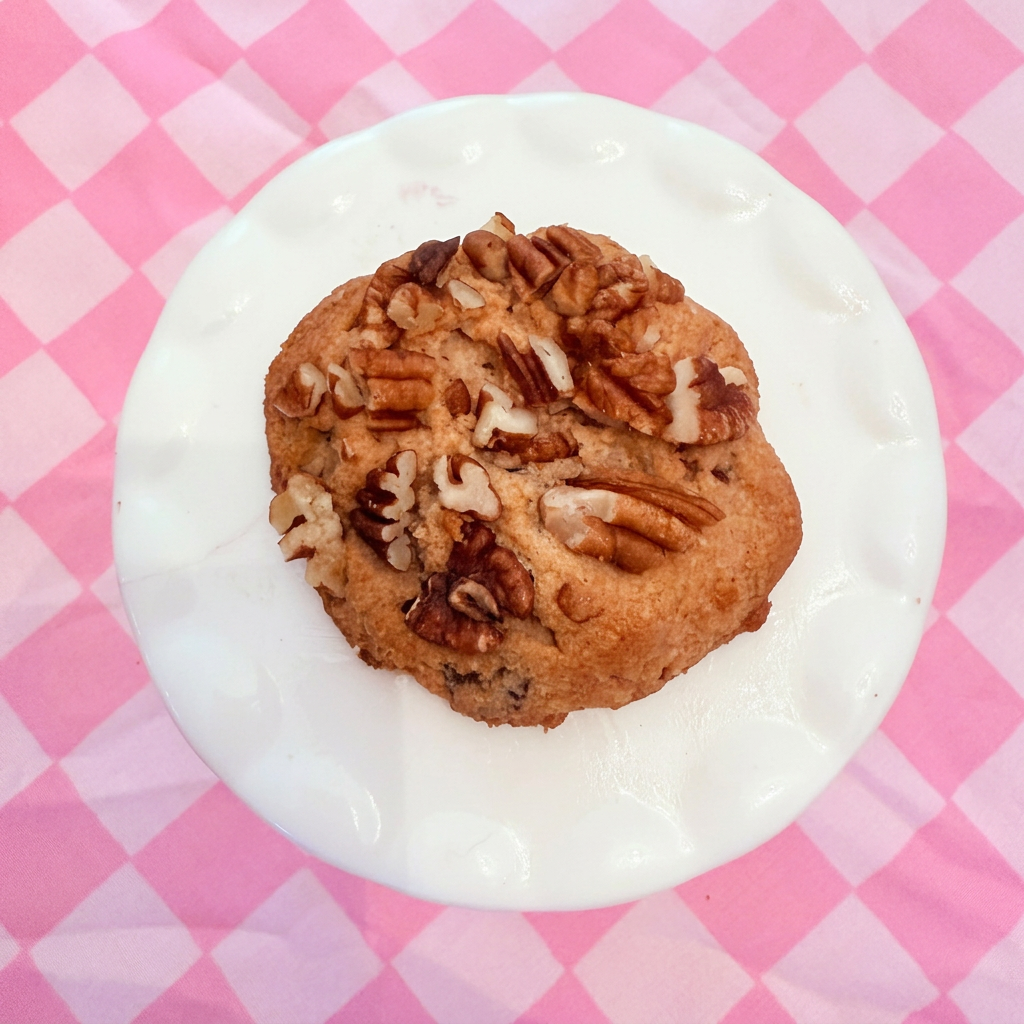 Polished overhead Pecan Chocolate Caramel Chip Cookie